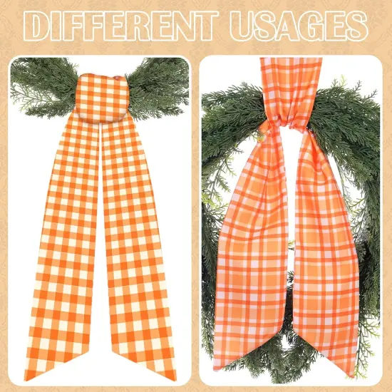 Fall Wreath Sash for Front Door - 2 Pcs Buffalo Check Orange Sashes for Wreaths Farmhouse Home Decor, 60 Inch Plaid Autumn Wreath Sashes for Embroidery DIY Bow Thanksgiving Halloween {2}