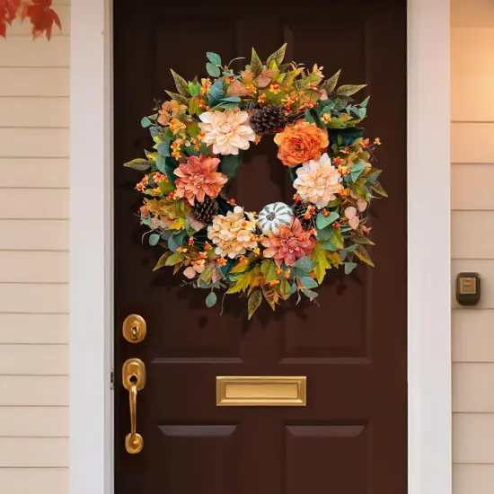 24 Inch Fall Autumn Wreath with Dahlia Flowers {4}