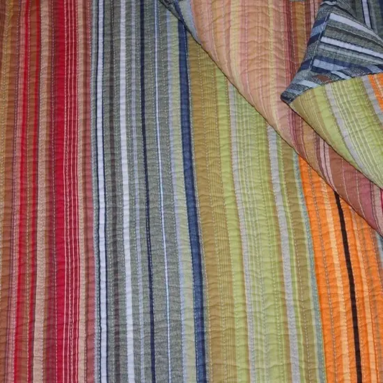 Full Queen Cotton Quilt Set Red Orange Blue Brown Stripe Pattern {3}