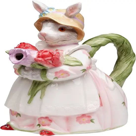 Ceramic Bunny Rabbit Holding Rose Flowers Teapot, Home D&eacute;cor, Gift for Her, Gift for Mom, Kitchen D&eacute;cor, Spring D&eacute;cor, Easter D&eacute;cor {2}