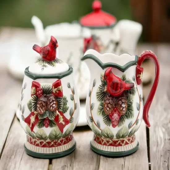 Ceramic Sugar Bowl and Creamer with Cardinals and Pine Cones, Home D&eacute;cor, Gift for Her, Gift for Mom, Kitchen D&eacute;cor, Christmas D&eacute;cor {2}