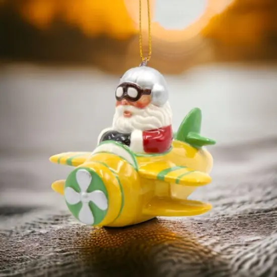 Ceramic Santa Ornament in Yellow Airplane, Home D&eacute;cor, Gift for Her, Gift for Mom, Kitchen D&eacute;cor, Christmas D&eacute;cor {2}