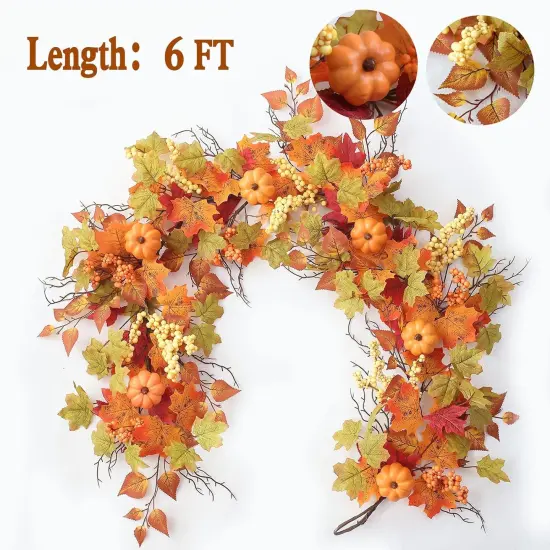 Fall Decor Artificial Maples Leaf Pumpkin Garland 6FT {2}
