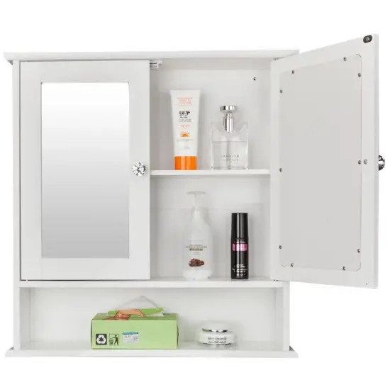 White Wall Mounted Bathroom Medicine Cabinet with Dual Mirrors Engineered MDF 3 Tier Storage {4}