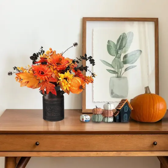 2 Pcs Artificial Fall Flowers Arrangement with Metal Pot {3}