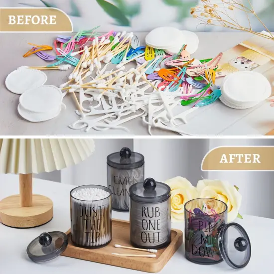 4 Pack Qtip Holder Dispenser with Lids and Labels - 10 oz Acrylic Apothecary Jars Plastic Bathroom Vanity Canister Organizer for Cotton Balls, Pads, Swabs, Floss (Black) {3}