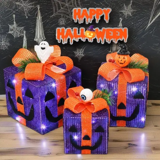 Halloween Pumpkin Decorations Lighted Gift Boxes {1}