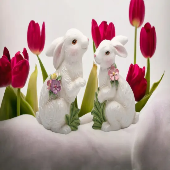 Springtime Bunnies: Cute Easter Rabbits with Flowers Figurines, Set of 2 {2}