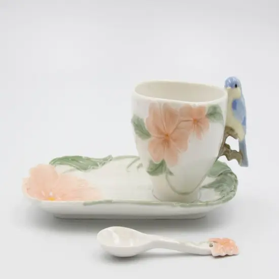 Ceramic Bluebird Flower Cup And Saucer And Spoon-1Set, Gift for Her, Gift for Mom, Gift for Friend or Coworker, Tea Party D&eacute;cor, Caf&eacute; Decor {3}