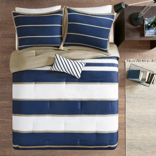 Navy Blue White Khaki Comforter Set Full Queen Size 4 Piece {5}