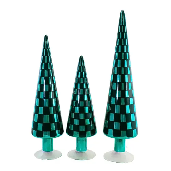 Cody Foster 18.25 In Green Trees Set/3 Christmas Decorative Tree Set , Christmas Decor Checkered Tree Glass {3}