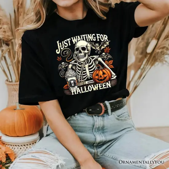 Just Waiting for Halloween T-Shirt, Spooky Skeleton Tee for Autumn Season {2}