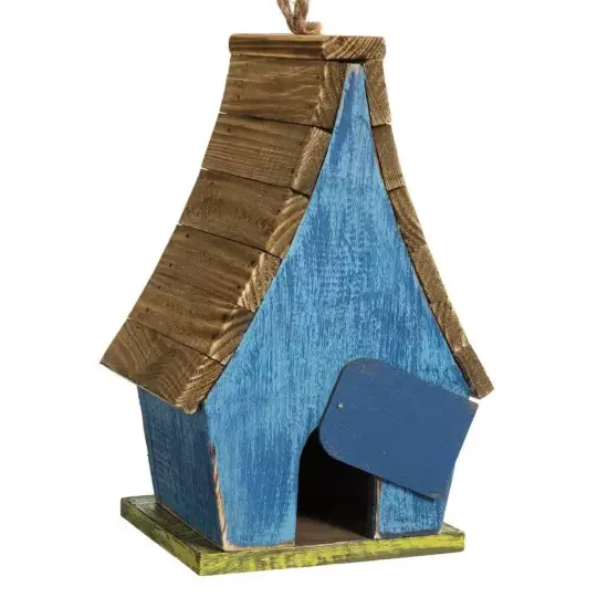 Blue-Green Metal and Wood Farmhouse Hanging Birdhouse with 3D Flowers, Clean out Panel {4}