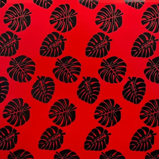 1 Yard All Over Monstera Leaf Polyester Foil Fabric, 36in L x 60in W Decorative Tropical Print Red/Black {1}