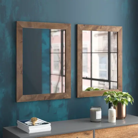 Natural Brown Wood Wall-Mounted Mirror Set with Distressed Frame 2-Piece {2}