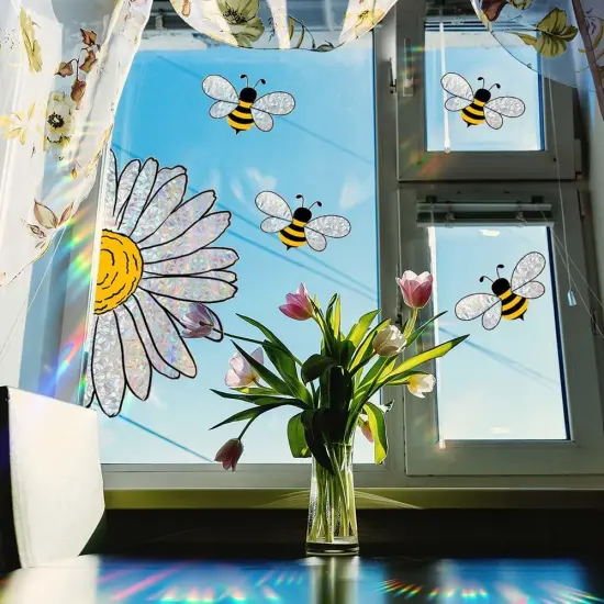 5pcs Bee Sunflower Window Stickers - Double-Side Glass Decals (White) {3}