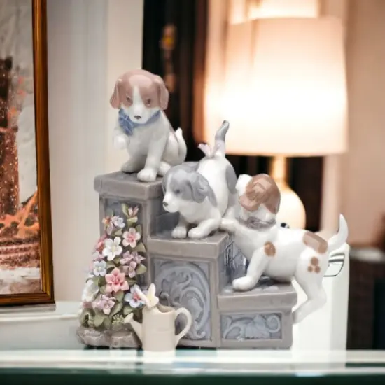 Ceramic Three Puppies On Garden Steps Music Box, Home D&eacute;cor, Gift for Her, Gift for Mom, Kitchen D&eacute;cor, Dog Lover Gift, Pet Loss Gift {1}