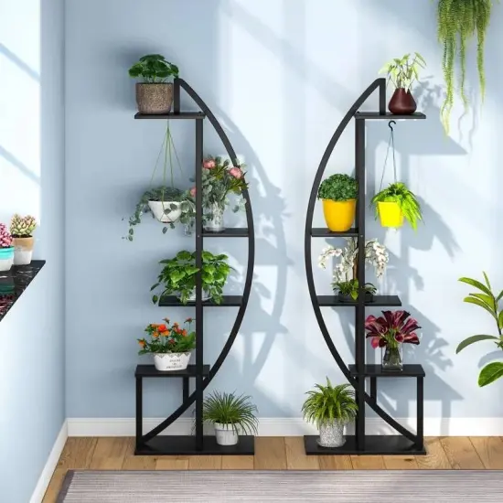 Set of 2 Modern Black Metal Wood 10-Shelf Plant Stand for Indoor Outdoor {3}