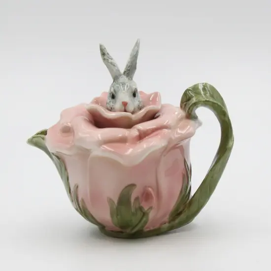 Ceramic Bunny Rabbit on a Rose Teapot, Gift for Her, Gift for Mom, Tea Party D&eacute;cor, Caf&eacute; D&eacute;cor, Spring Kitchen Decor {2}