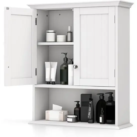White Wall Mounted Bathroom Cabinet with Louver Doors Adjustable Shelf and Built In Towel Bar {1}