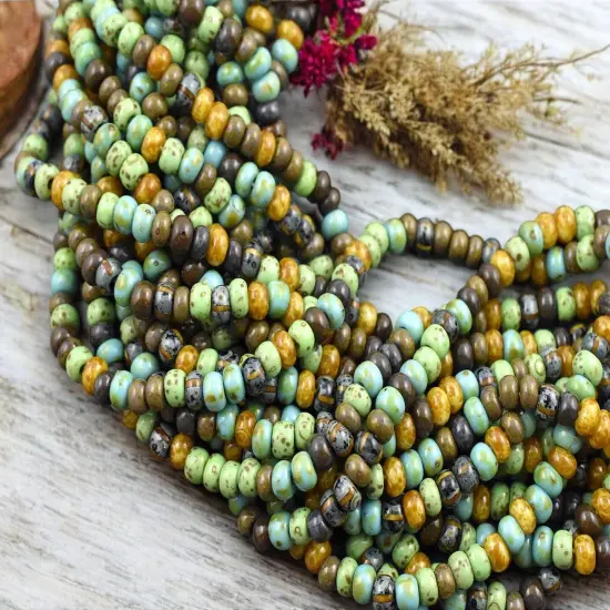 5/0 Aged Jade Striped Picasso Mix Seed Beads (20" Strand) {3}