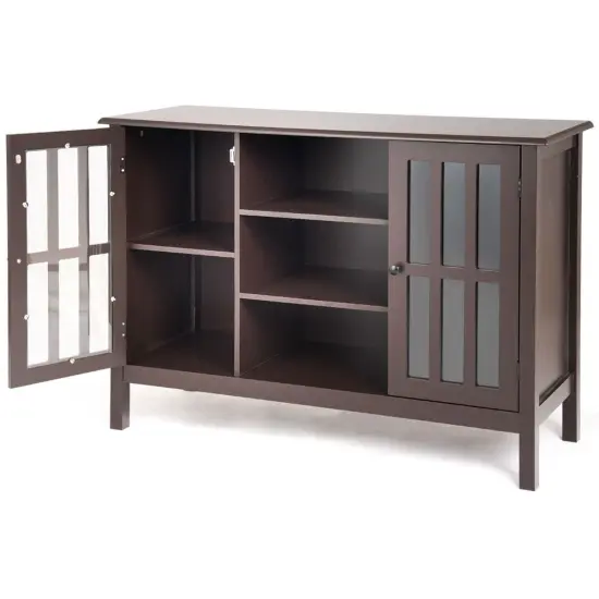 Brown Wood Console Cabinet with MDF Chipboard Frame and Tempered Glass Doors Storage Space {3}