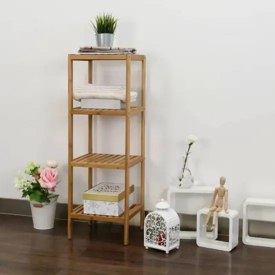 Solid Wood 4-Tier Bathroom Shelf with Natural Wicker Drawer Freestanding Storage Organizer for Towels, Toiletries & Decor {4}
