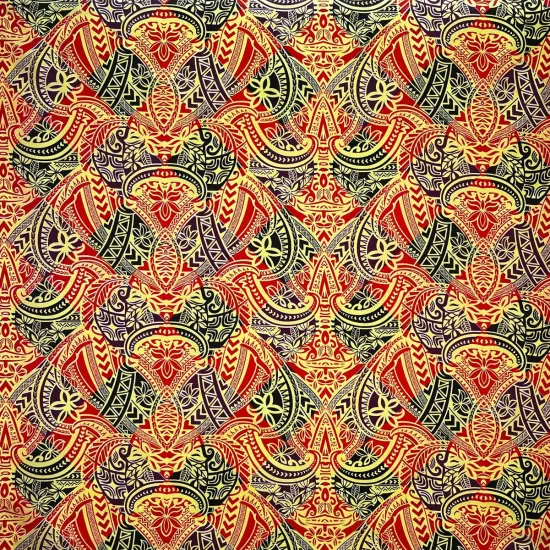 1 Yard Traditional Polynesian Tattoo All Over Design Peachskin Fabric For Apparel 45 Inch Red/Black/Yellow {1}