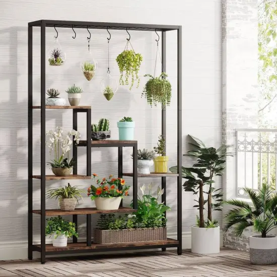 Brown Particle Board and Metal 5-Tier Indoor Ladder Plant Stand {2}
