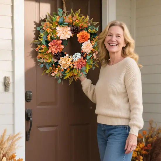 24 Inch Fall Autumn Wreath with Dahlia Flowers {2}