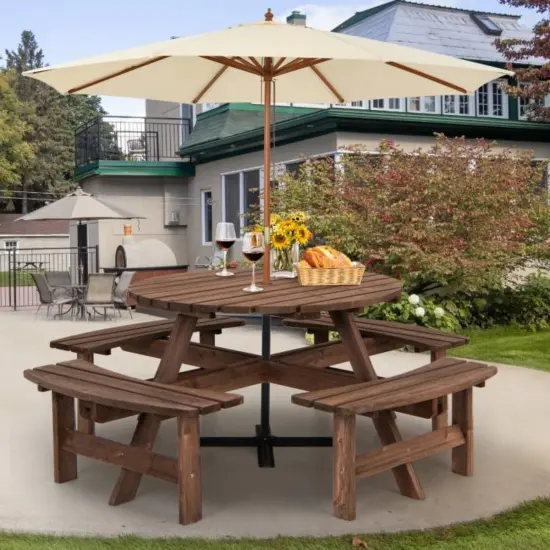 Espresso Round 8-Seater Fir Wood Picnic Table with Umbrella Hole Perfect for Backyard Gatherings {2}
