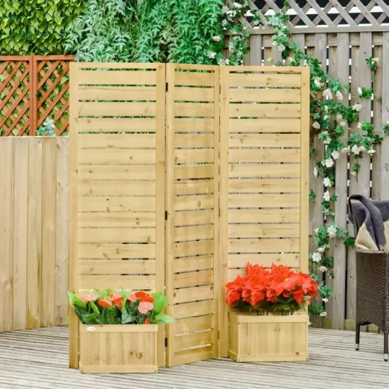 Brown Fir Wood 3-Panel Privacy Screen with 4 Built-in Planters {5}