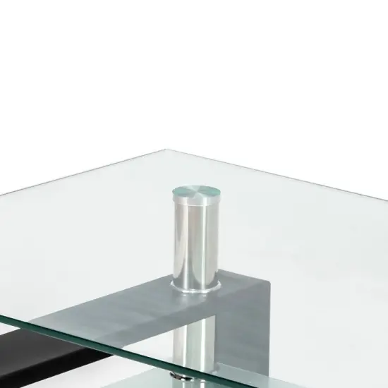 Modern 2 Tier Storage Coffee Table with Black Metal Legs and Tempered Glass Top for Living Room {4}
