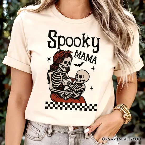 Spooky Mama Skeleton Halloween T-Shirt, Momster Retro Checkered Tee With Boo Vibes {5}