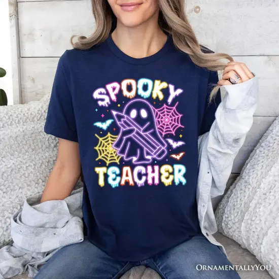 Spooky Teacher Neon Ghost T-Shirt, Retro Halloween Tee for Educators {2}
