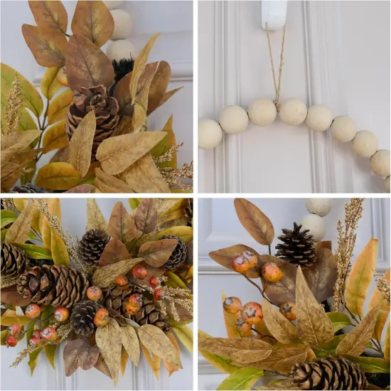 24" Beaded Fall Wreath for Front Door with Wooden Beads {2}