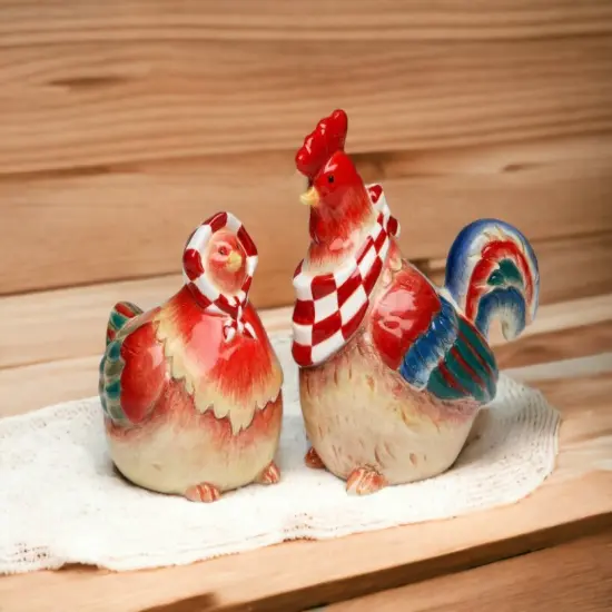 Happy Farm: Hand Painted Ceramic Red Hen & Rooster Salt & Pepper Shakers, Home Décor, Gift for Her or Mom, Kitchen Décor, Farmhouse Decor {2}