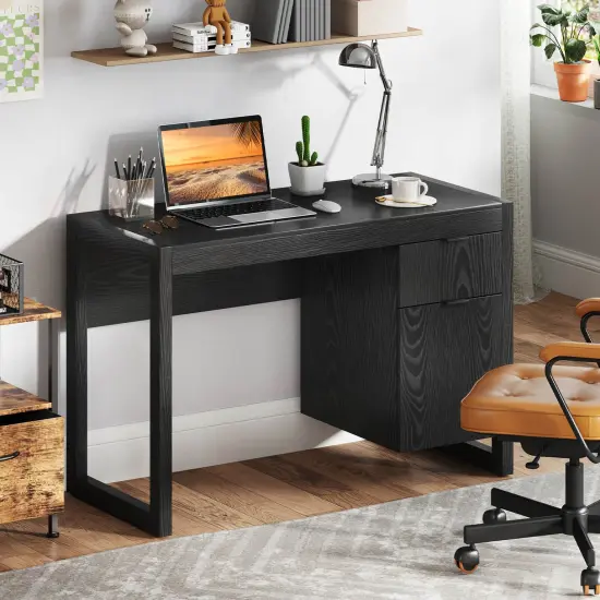 Costway Computer Desk with Storage Cabinet Pull-out Drawer Stable Thick Legs for Bedroom White/Black {2}