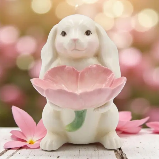 Springtime Bunnies: Easter Bunny Rabbit Holding Pink Flower Candy Dish, Spring Decor {1}