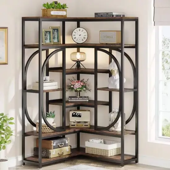69" Tall L Shape Corner Bookshelf with 14 Open Shelves and Metal Frame for Living Room or Office Use {1}
