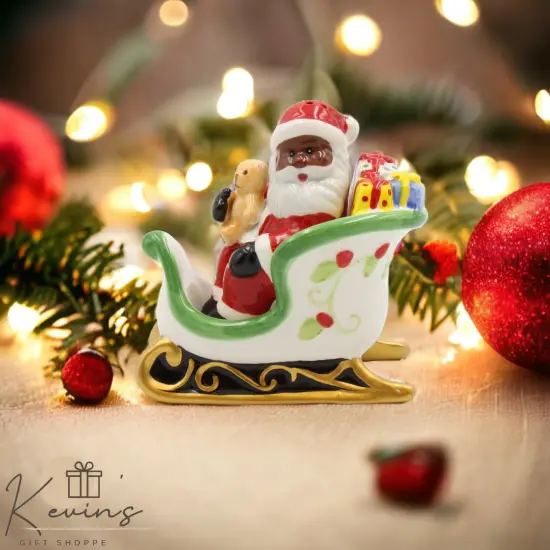 Ceramic Christmas African American Santa Riding Sleigh Salt And Pepper Shakers, Home D&eacute;cor, Gift for Her, Gift for Mom, Kitchen D&eacute;cor {1}
