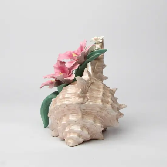 Ceramic Pink Orchid and Narcissus Flowers in a Seashell Figurine, Home D&eacute;cor, Gift for Her, Gift for Mom, Spring D&eacute;cor, Coastal Charm {4}