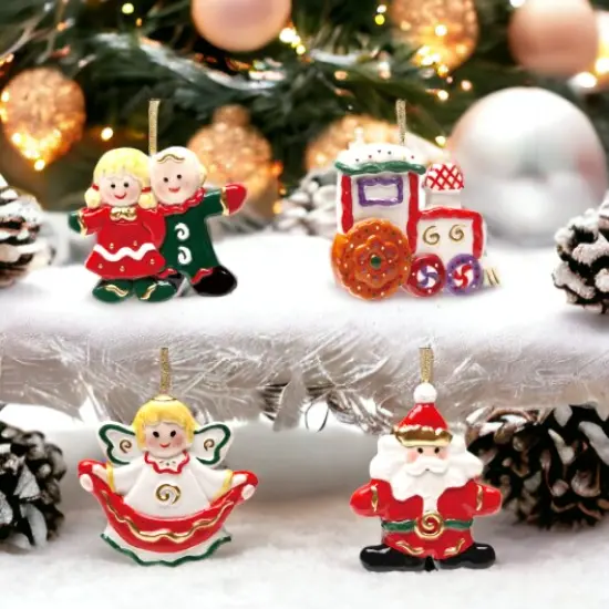 Ceramic Sweet Holiday Ornaments Set Of 4 Train, Angel, Santa & Children, Home Décor, Gift for Her, Gift for Mom, Christmas Décor {1}