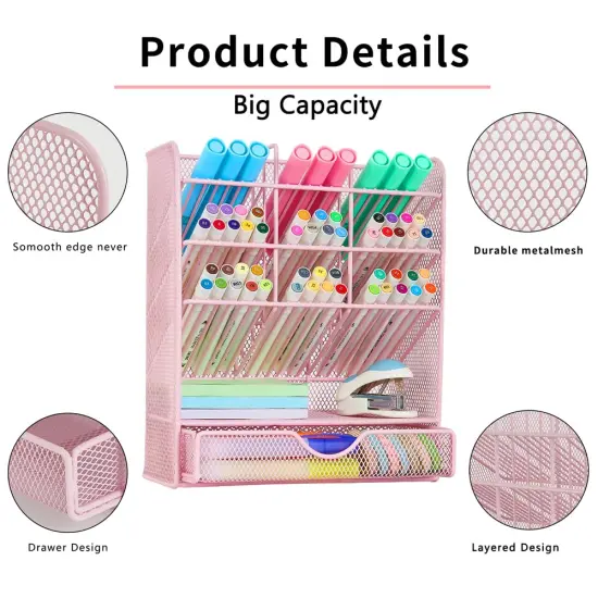Spacrea Pen Holder Desk Organizer - Desk Organizers and Accessories, Pencil Holder with 10 Compartments and 1 Drawer（Pink） {6}