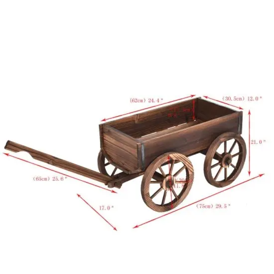Brown Fir Wood Garden Barrel Planter Wagon with Wheels and Handle {5}