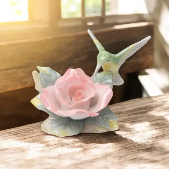 Ceramic Hummingbird with Peace Rose Figurine, Bird Watcher Gift, Gift for Her, Nature Lover Gift {1}