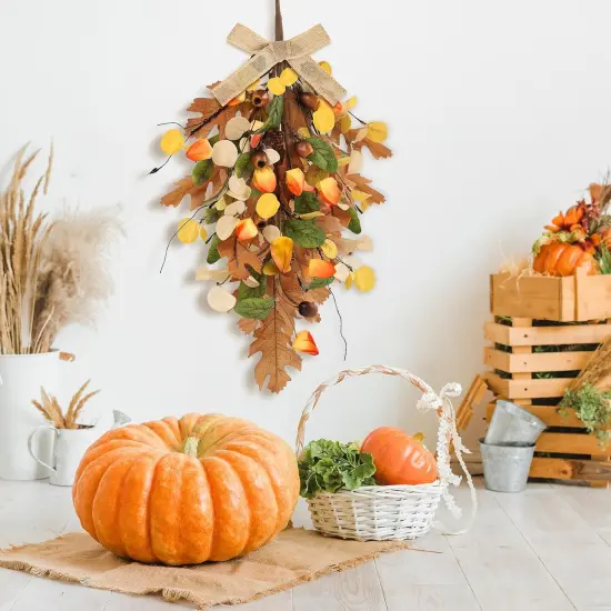 22" Fall Wreaths for Front Door 2 PCS Fall Teardrop Swag Artificial Golden Eucalyptus Leaves and Oak Leaves with Ribbon for Indoor Outdoor Farmhouse Home Wall Window Festival Wedding Decor {2}