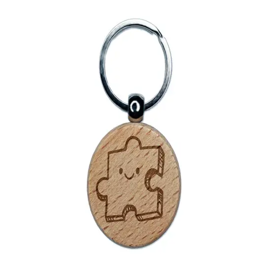 Happy Cartoon Puzzle Piece Engraved Wood Round Keychain Tag Charm {1}