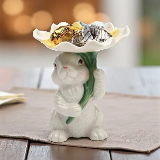 Ceramic Easter Bunny Rabbit Holding Flower Candy Dish, Home D&eacute;cor, Gift for Her, Gift for Mom, Kitchen D&eacute;cor, Spring D&eacute;cor, Easter D&eacute;cor {1}