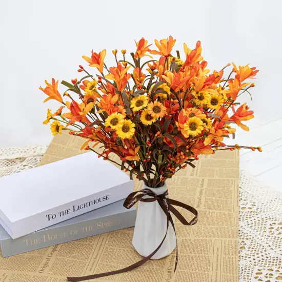 12 PCs Artificial Fall Flowers - 17 inches - Orange {2}
